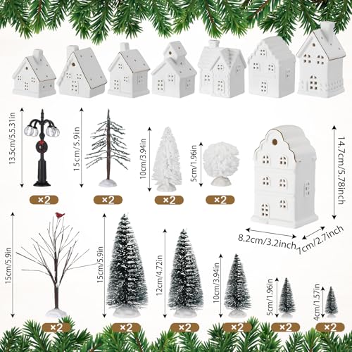 28 Pcs Ceramic LED White Christmas Village Set with Houses, Trees, Lamp Post Z32937