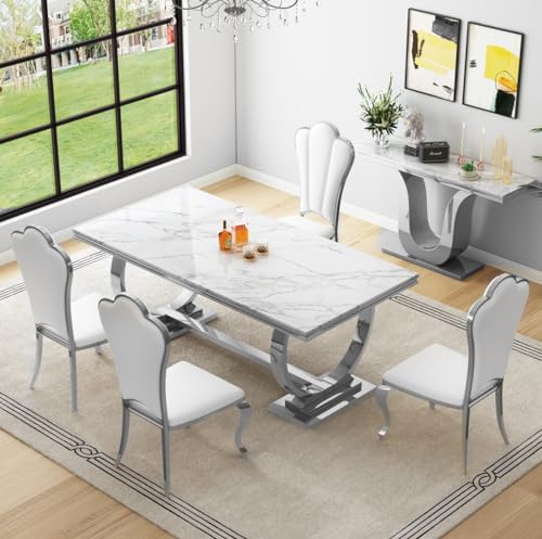 White Marble Dining Table Set of 6 with 4 Leather Chairs D6067