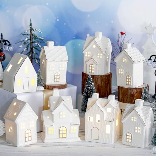 28 Pcs Ceramic LED White Christmas Village Set with Houses, Trees, Lamp Post Z32937