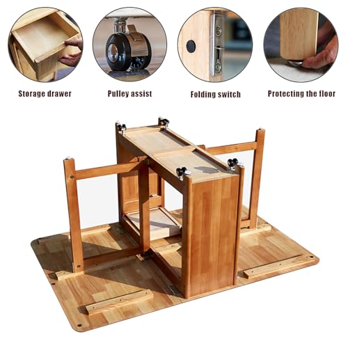 Solid Wood Drop Leaf Folding Dining Table with Drawers and Wheels Z831