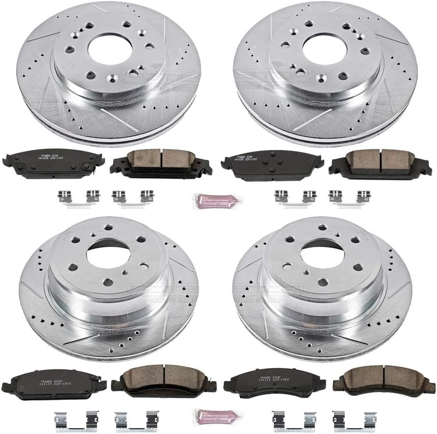 Front and Rear Carbon Fiber Brake Pads with Drilled & Slotted Brake Rotors Kit F385067