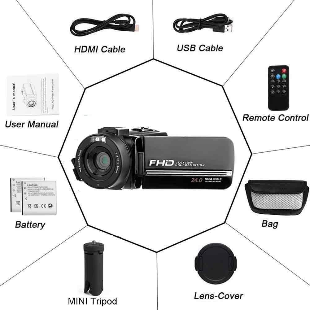 FHD 1080P 30FPS 24MP 16X Digital Zoom 3 Inch Touch Screen Video Camera with Remote Control and Tripod U64394