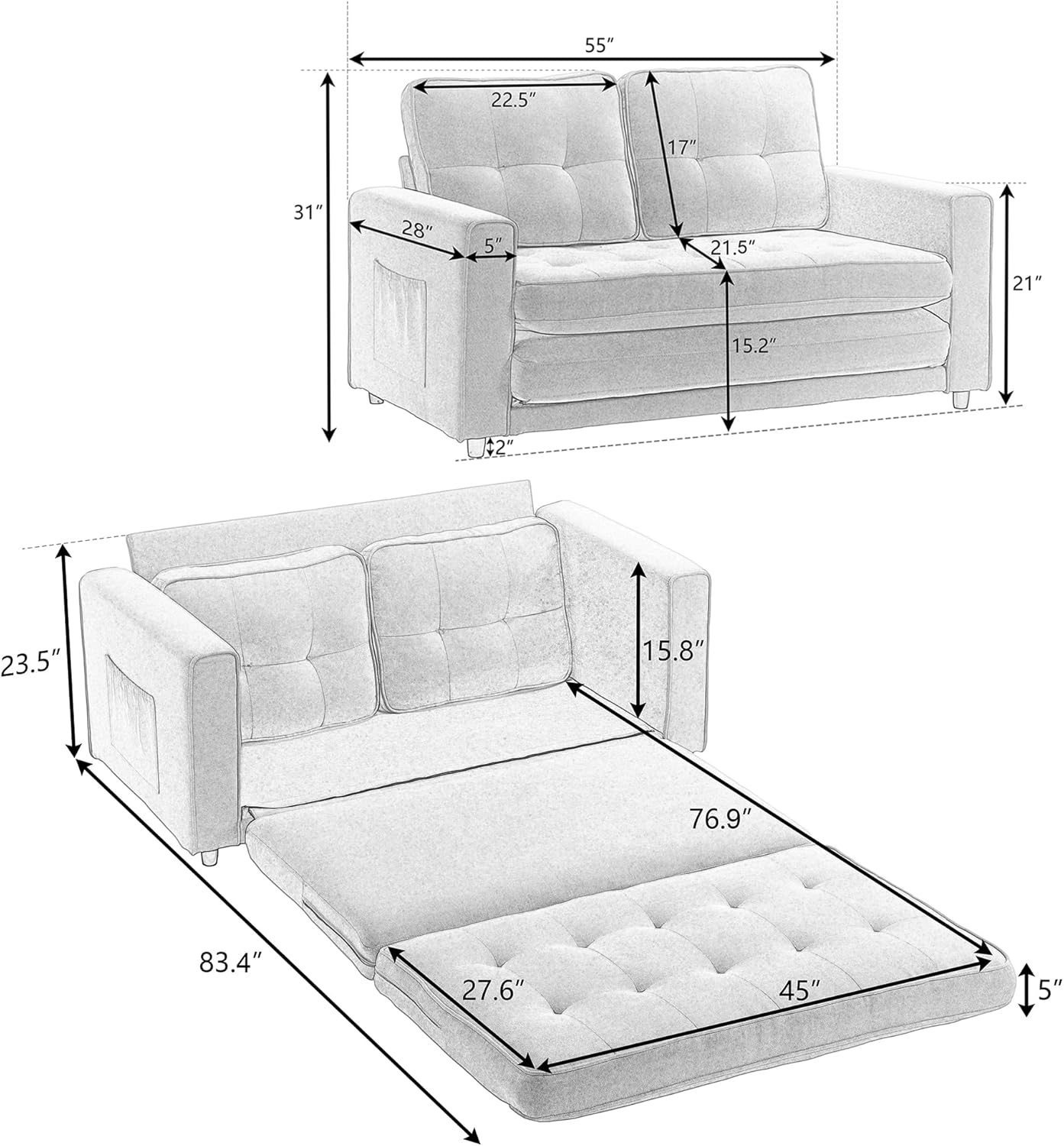 Dark Gray 3 in 1 Folding Sofa Bed with 2 Storage Pockets Q5612