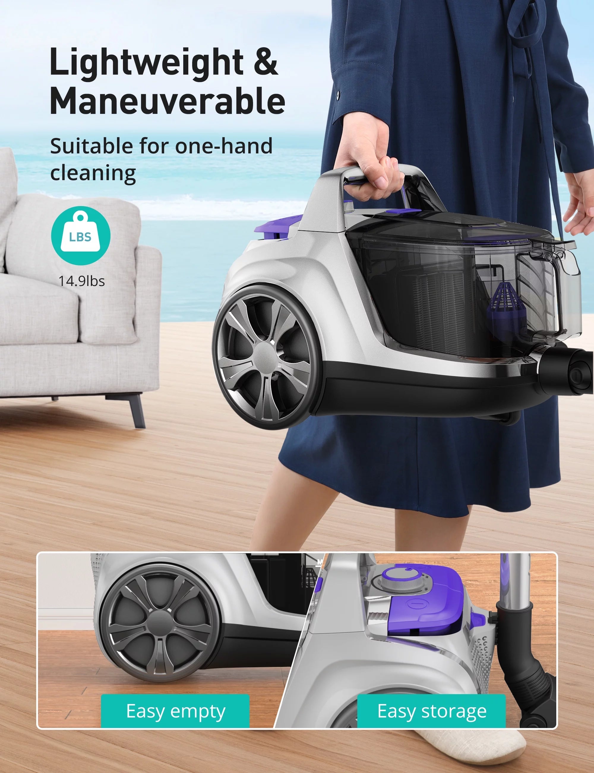 Bagless Canister Vacuum Cleaner with Double HEPA Filter, 1200W, 3.6QT K2932