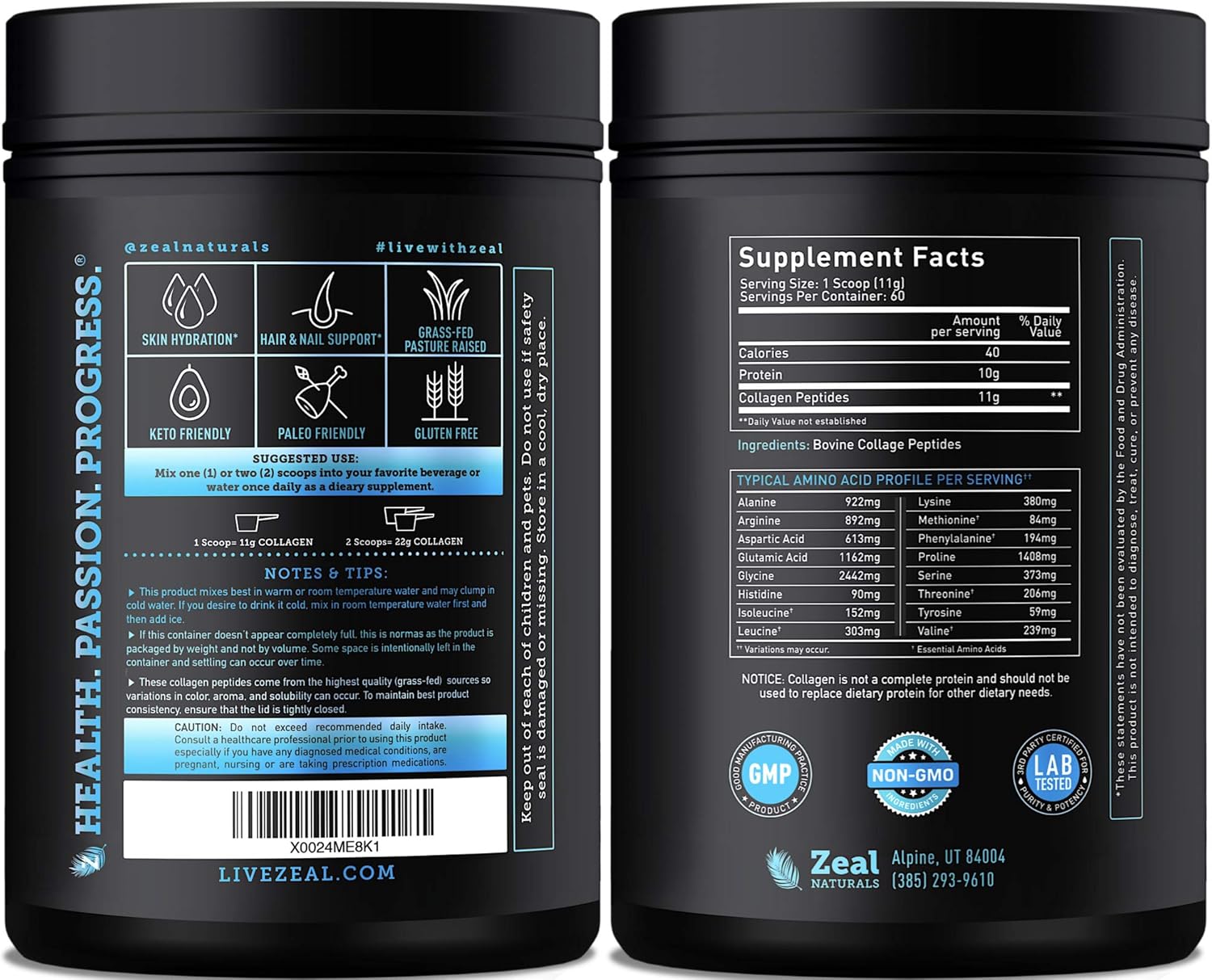 Collagen Peptides Powder (11g | 60 Servings) Grass Fed Bovine Collagen Powder Hydrolyzed Q3720