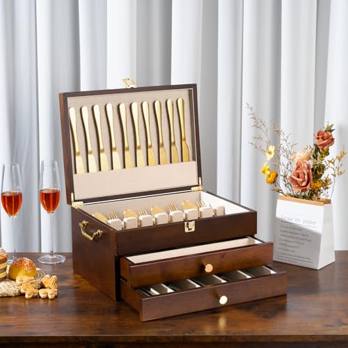 Walnut Wooden 2-Layer Silverware Storage Box Q79377