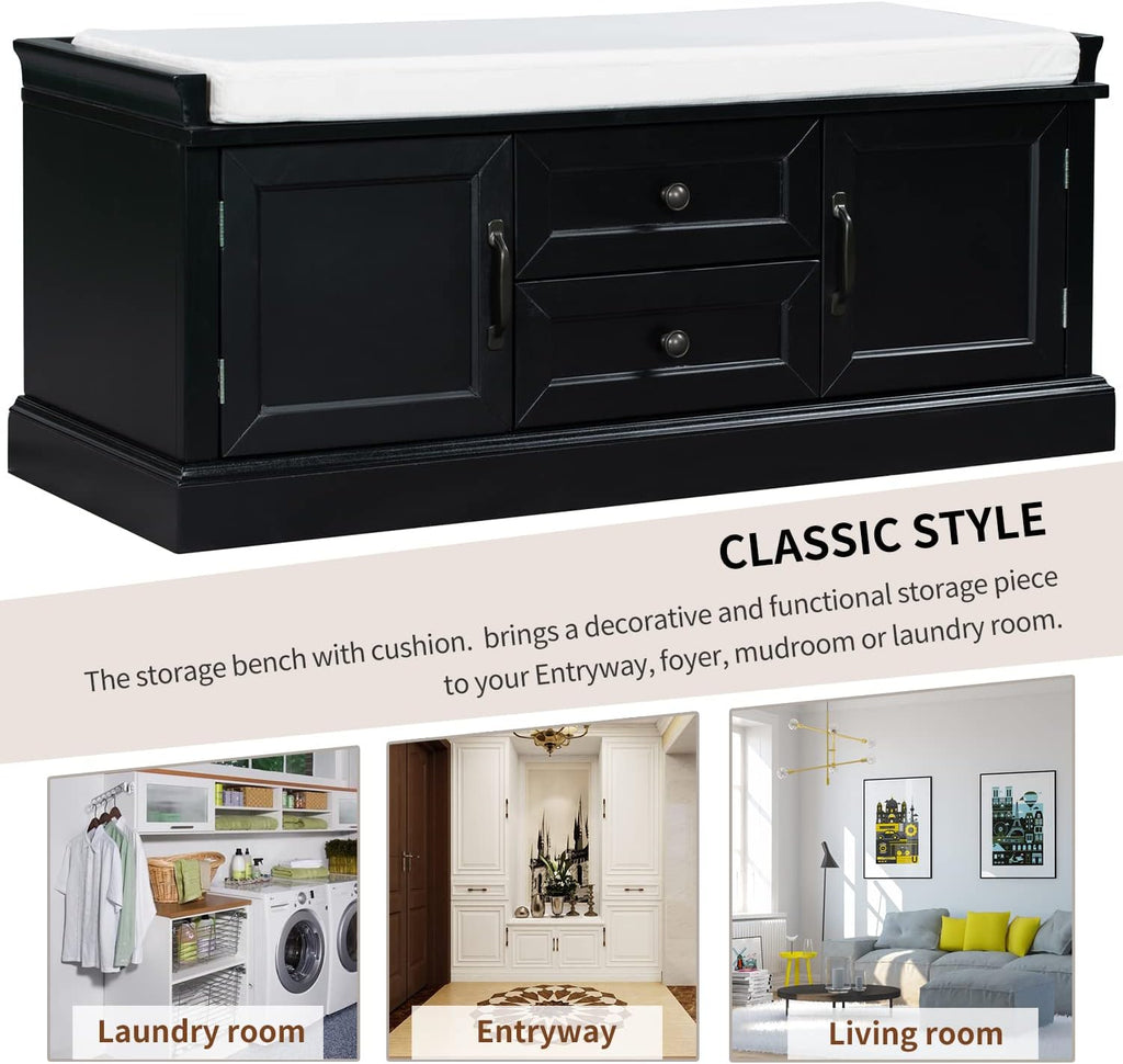 Black Storage Bench with 2 Drawers and 2 Cabinets with Removable Cushion V997276