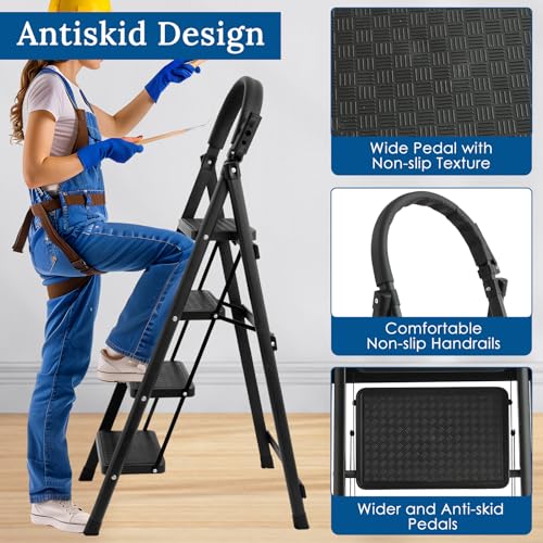 Black 3 Step Folding Step Stool with Handrails R6625
