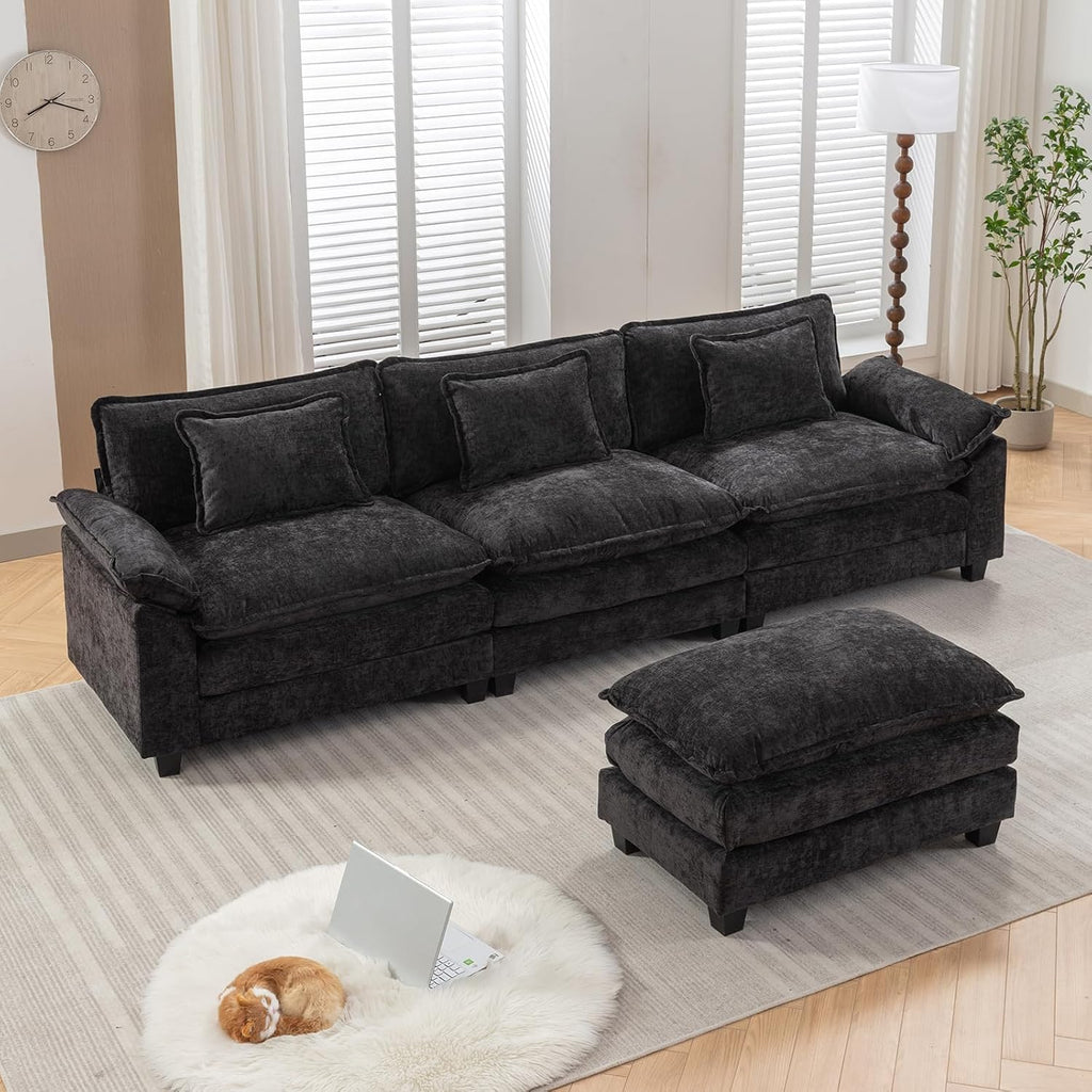 Black Chenille L-Shaped Sectional Sofa with Ottoman B505
