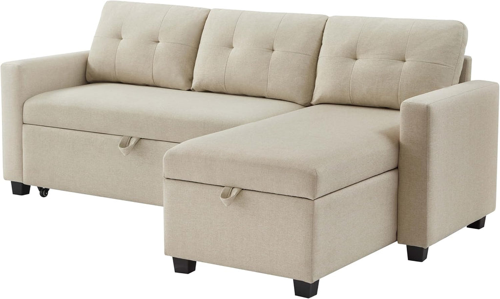 Beige L-Shape Convertible Sofa Sleeper with Pull-Out Bed W5689
