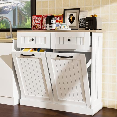 White Double Tilt Out Trash Cabinet with Pull-Out Drawers G726
