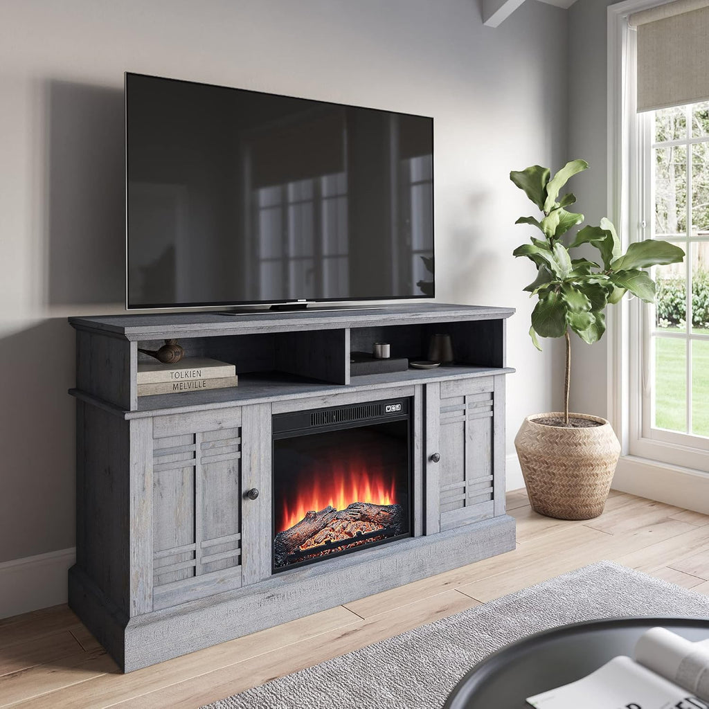 Gray Wash Wood TV Stand with Open Storage Shelves & Cabinets F8234