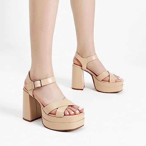 Women's Platform Chunky Heels Square Open Toe Ankle Strap High Heeled Sandals L230