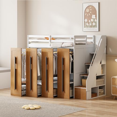 Twin Size Solid Wood Loft Bed with Storage X48105
