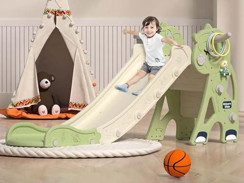 Unicorns-Pink Plastic Toddler Slide with Basketball Hoop & Ring Game B310170