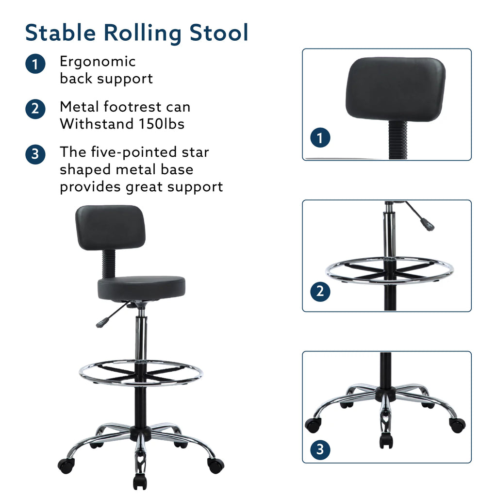 Black Faux Leather Drafting Stool with Backrest and Rolling Wheels E6268