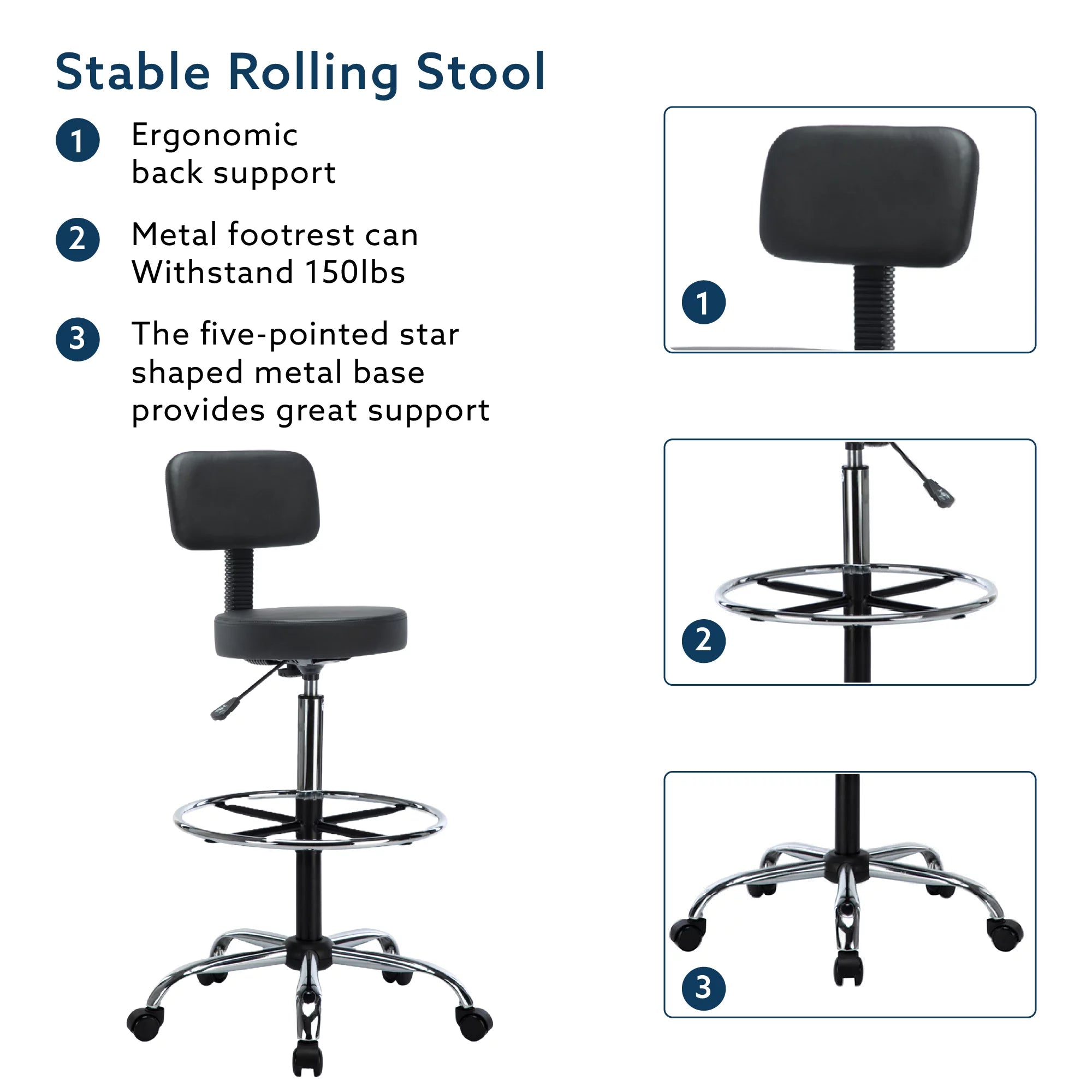 Black Faux Leather Drafting Stool with Backrest and Rolling Wheels E6268