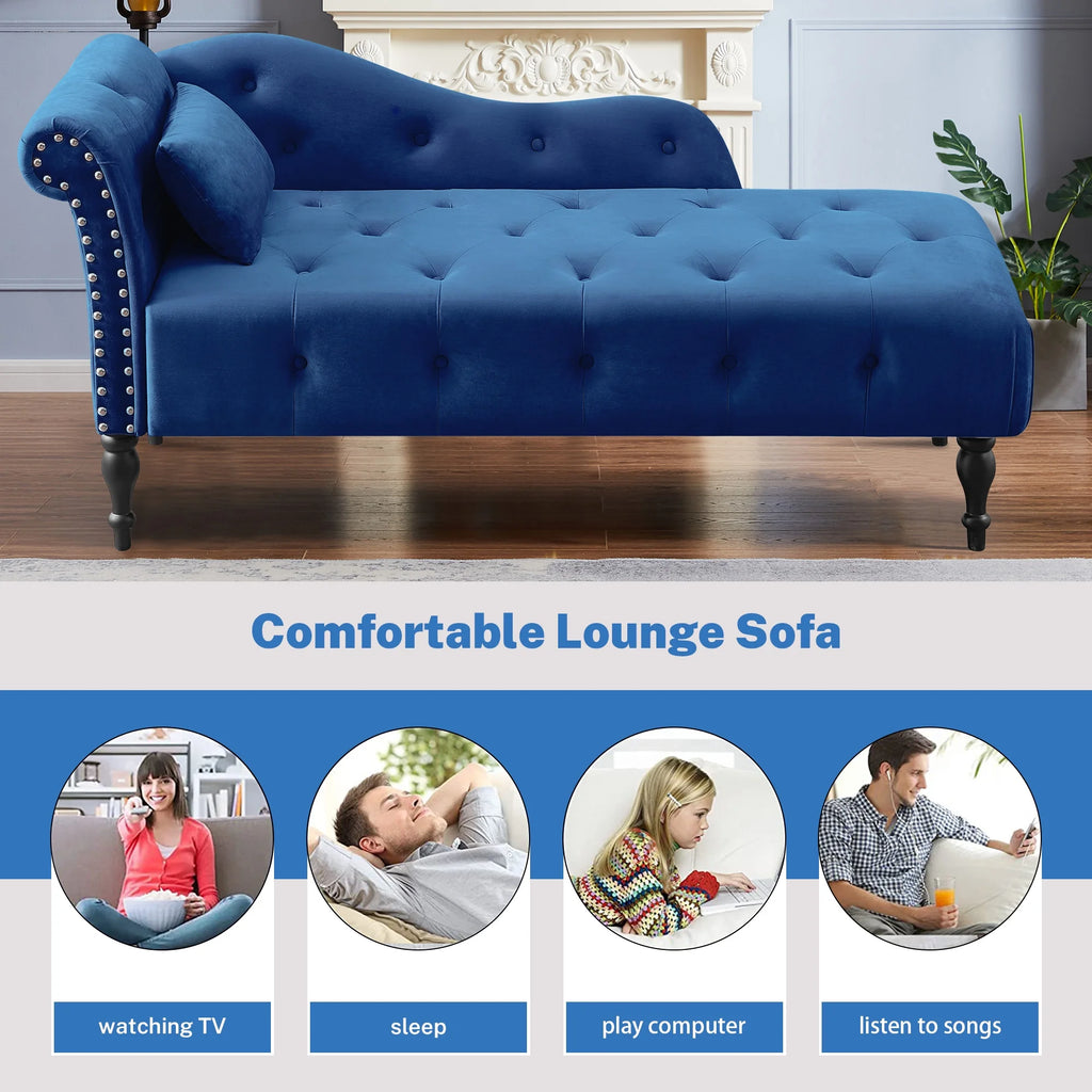Blue Button Tufted Lounge Chaise with Accent Pillow B3147