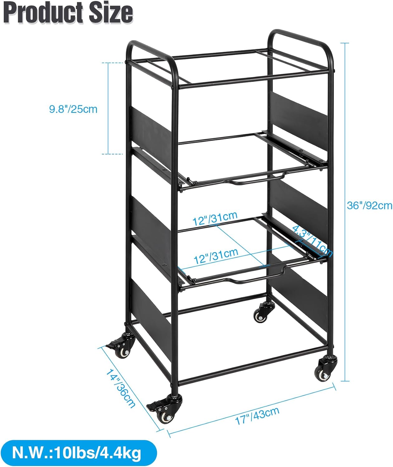 3-Tier Metal Rolling File Cart with Wheels, Black C3320