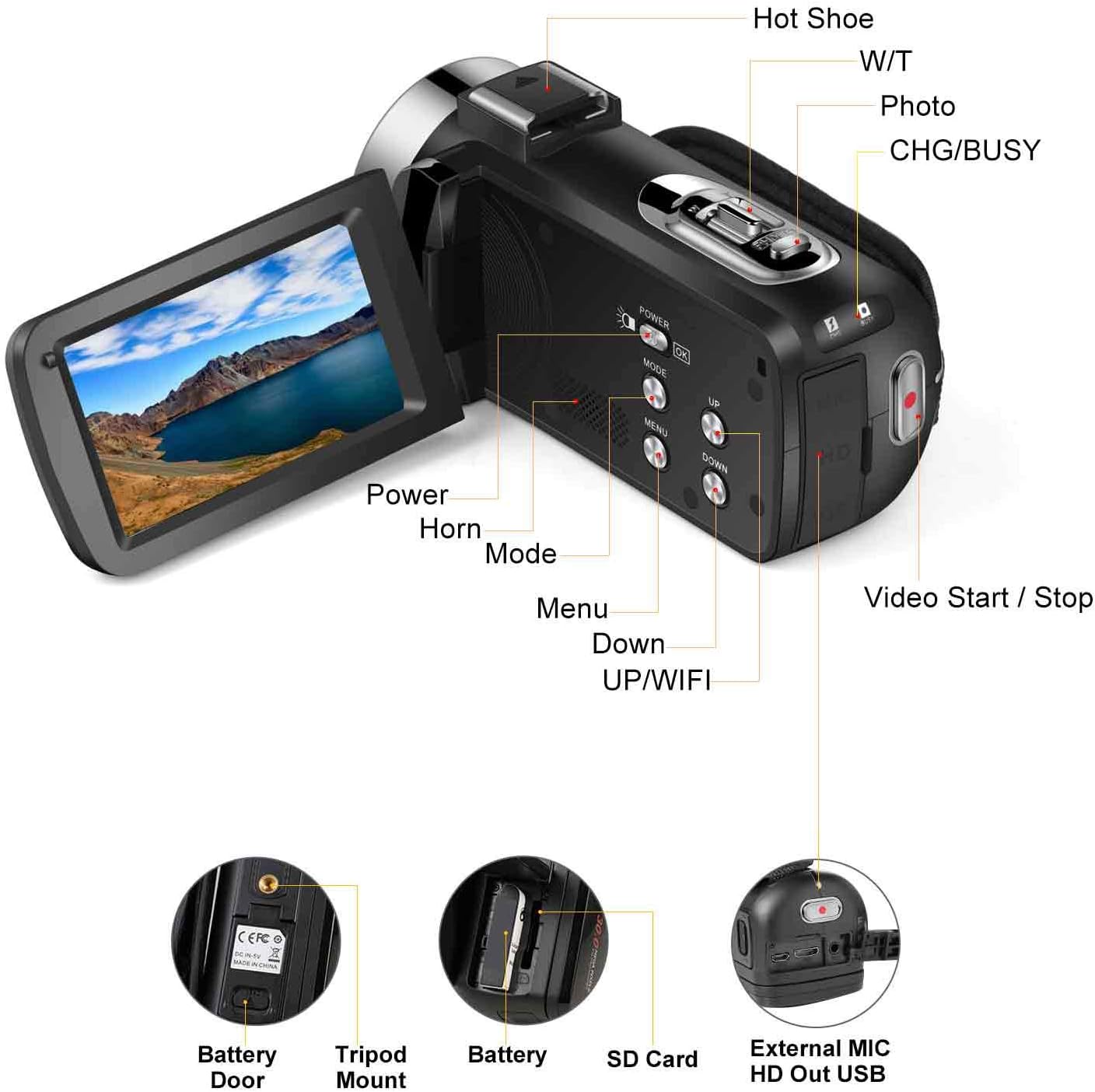 FHD 1080P 30FPS 24MP 16X Digital Zoom 3 Inch Touch Screen Video Camera with Remote Control and Tripod U64394