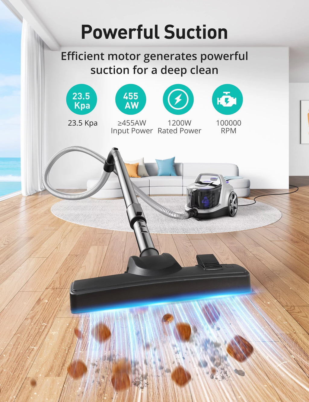 Bagless Canister Vacuum Cleaner with Double HEPA Filter, 1200W, 3.6QT K2932