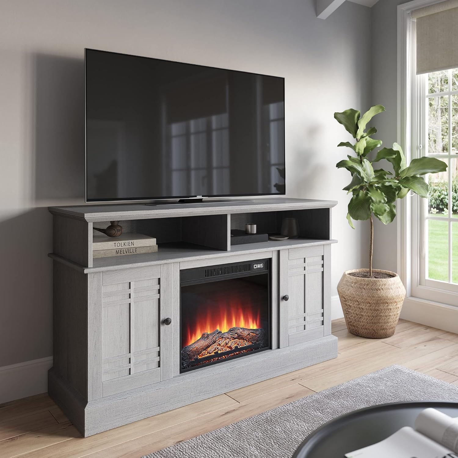 Gray Wash Wood TV Stand with Open Storage Shelves & Cabinets F8234