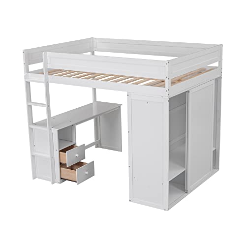 White Solid Wood Full Size Loft Bed with Wardrobes and 2-Drawer Desk and Storage Cabinet W990