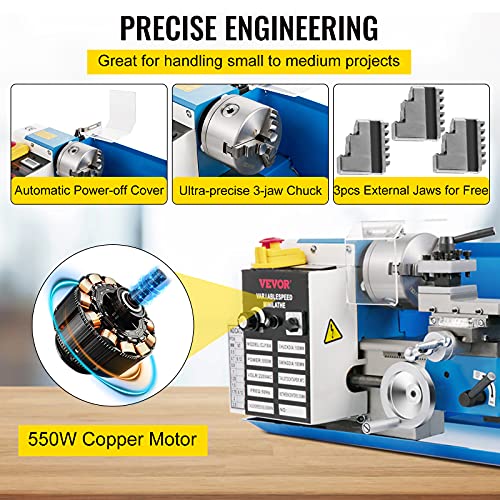 7"x14" 550W Variable Speed Metal Lathe with 3-jaw Chuck Digital Display F994