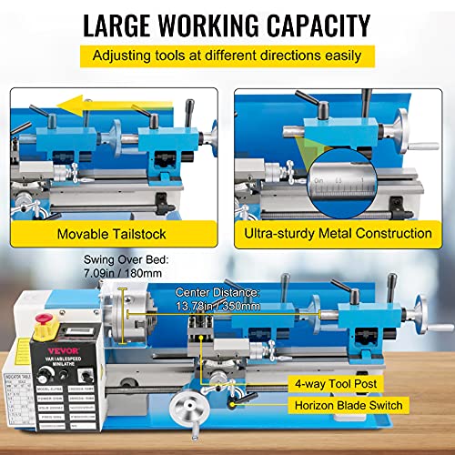 7"x14" 550W Variable Speed Metal Lathe with 3-jaw Chuck Digital Display F994