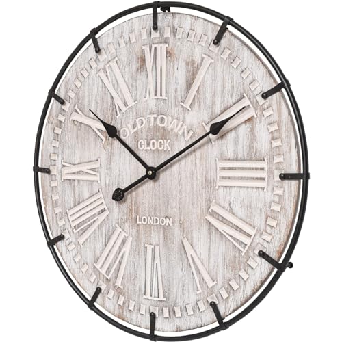 24 Inch Rustic Wood Wall Clock with Metal Circle and Numerals B79526