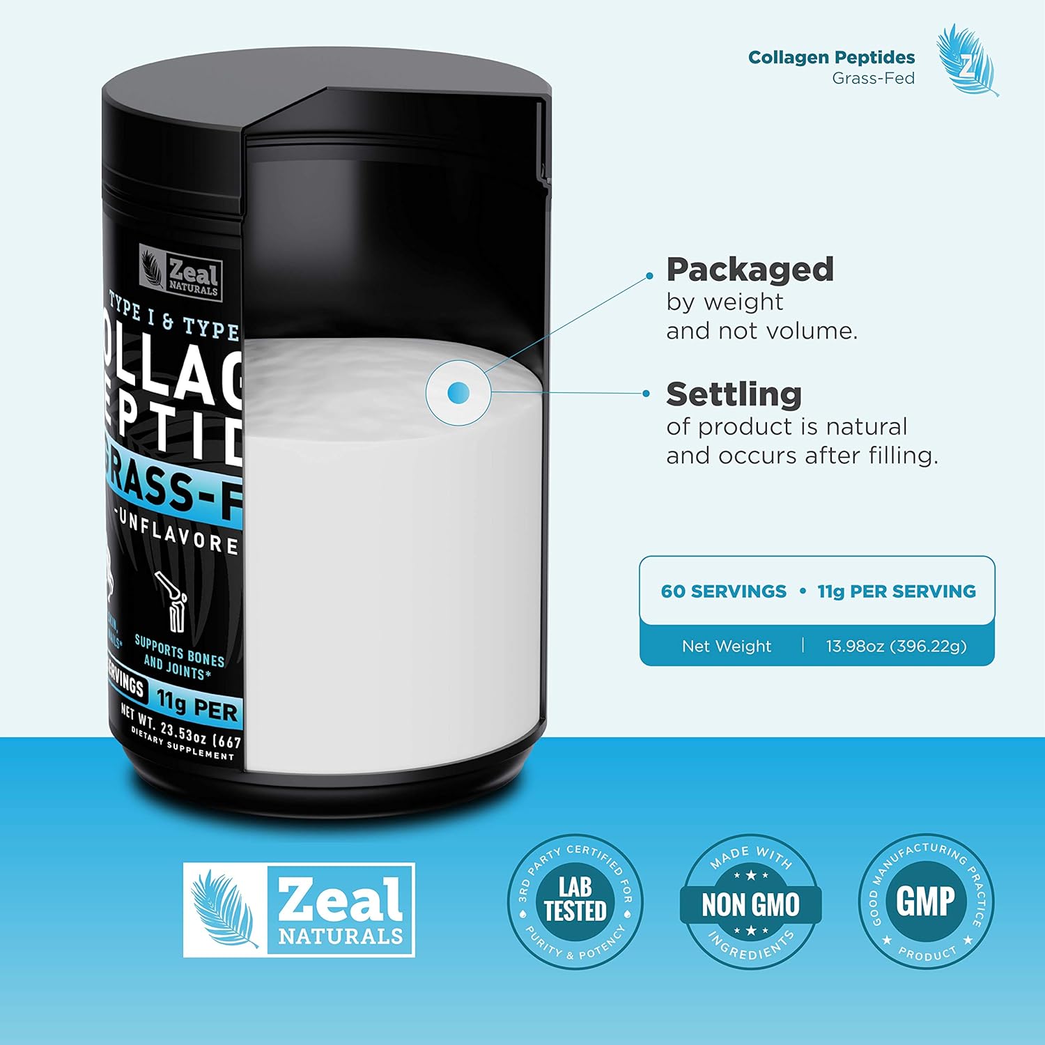 Collagen Peptides Powder (11g | 60 Servings) Grass Fed Bovine Collagen Powder Hydrolyzed Q3720