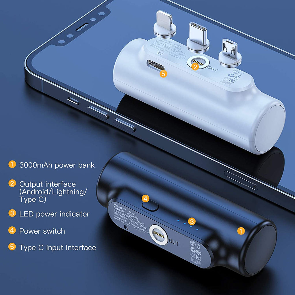 3 in 1 Magnetic 3000mAh Mini External Battery Pack Portable Charger with 3 Plugs (Black) B2944