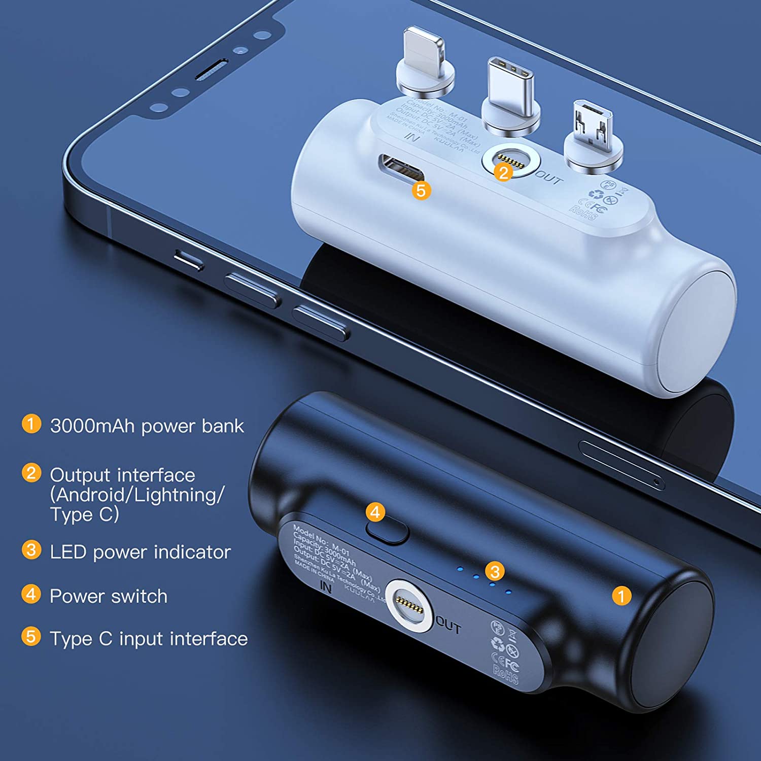 3 in 1 Magnetic 3000mAh Mini External Battery Pack Portable Charger with 3 Plugs (Black) B2944