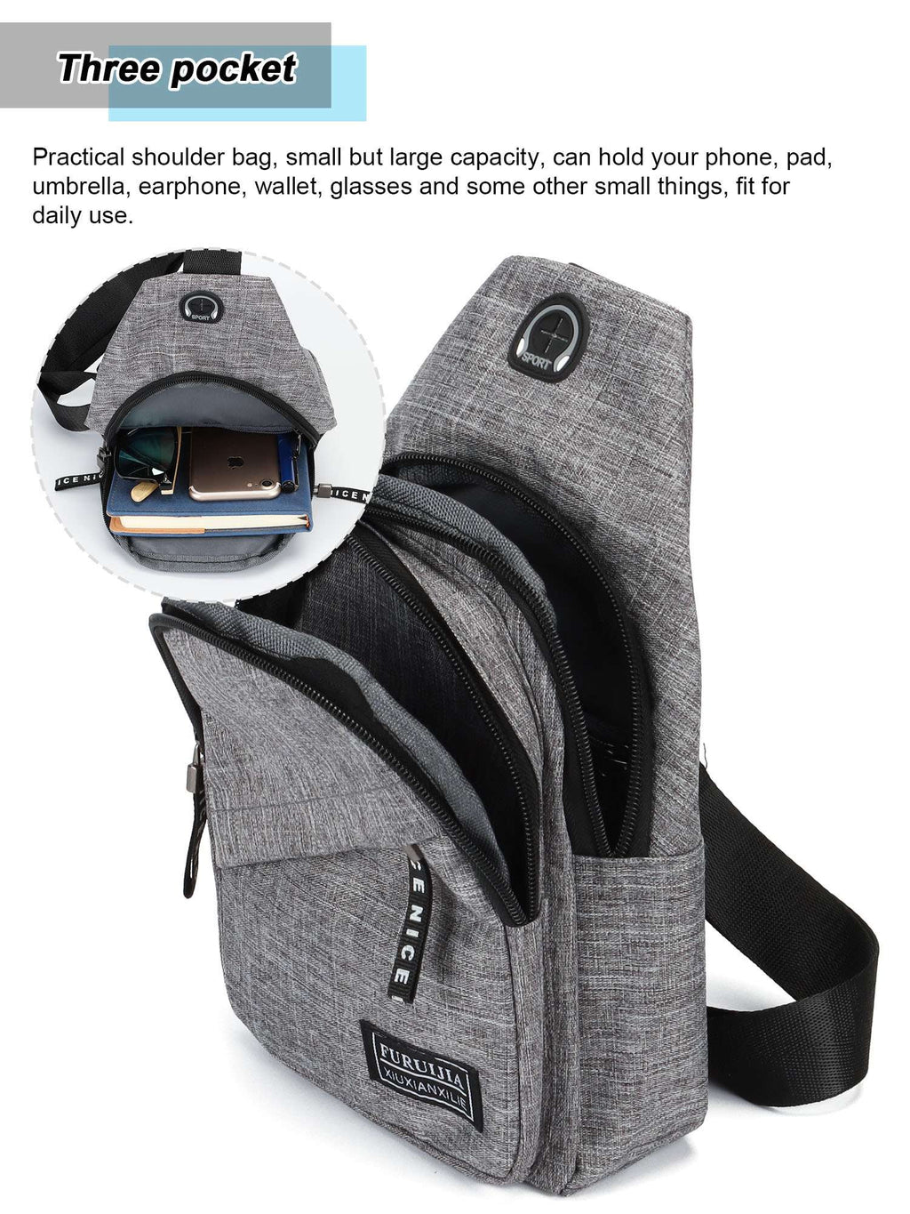 Small Casual Sling Bag Crossbody Backpack with Adjustable Shoulder Strap Black & Gray X3672