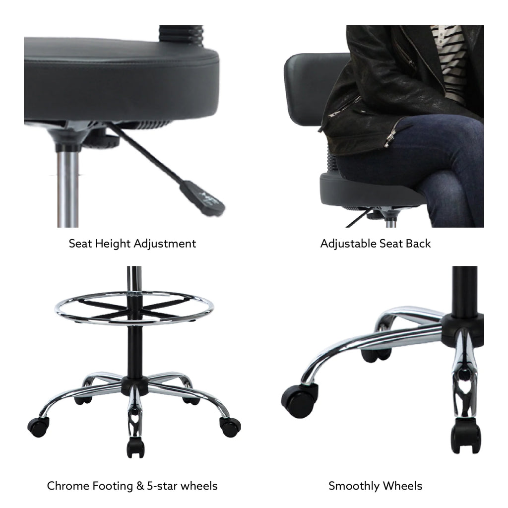 Black Faux Leather Drafting Stool with Backrest and Rolling Wheels E6268
