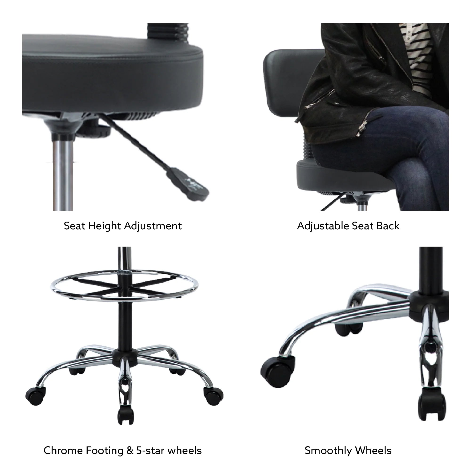 Black Faux Leather Drafting Stool with Backrest and Rolling Wheels E6268