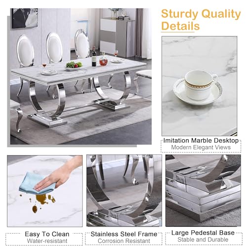White Marble Dining Table Set of 6 with 4 Leather Chairs D6067