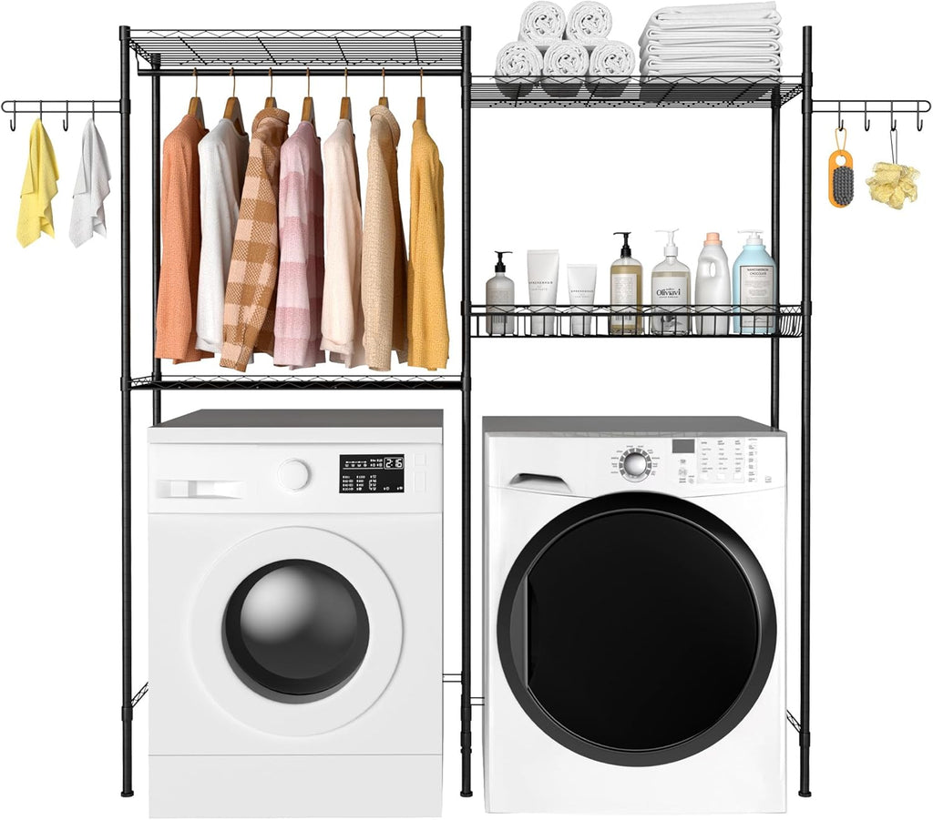 Over The Washer and Dryer Laundry Room Storage Shelf with Adjustable Shelves, Wire Basket, and Rotatable Hooks Z150991
