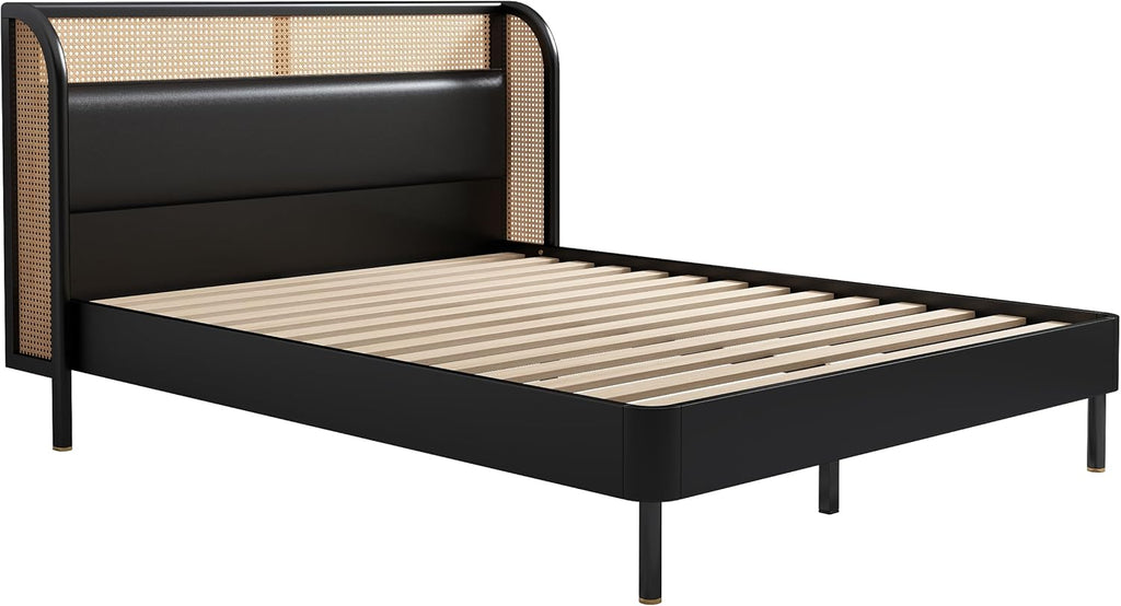 Queen Size Rattan Platform Bed with Wingback Headboard J588