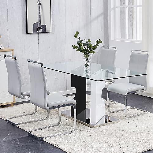 5 Piece Glass Dining Table Set with 4 PU Leather Chairs W43048