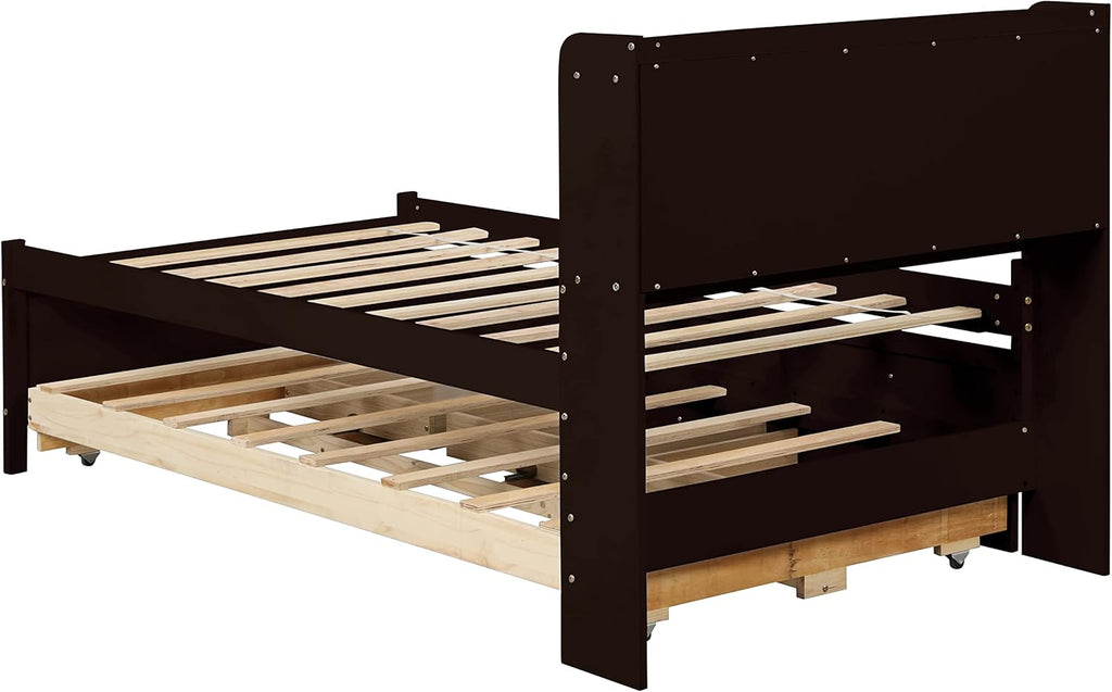 Twin Wood Captain’s Bed with Bookcase Headboard, Trundle and 3 Drawers, Espresso W665510