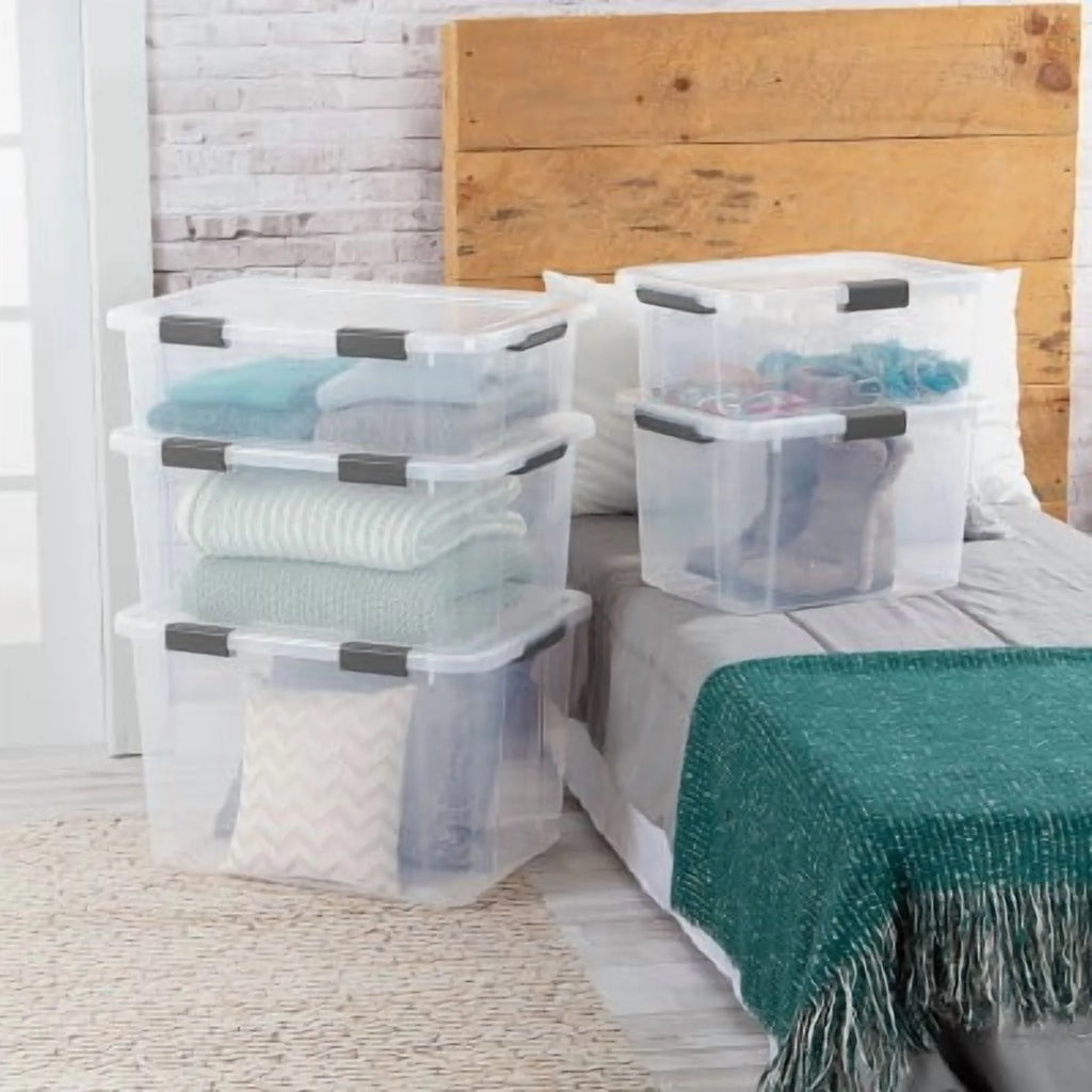 30qt Plastic Storage Tote with Hinged Lid W727733