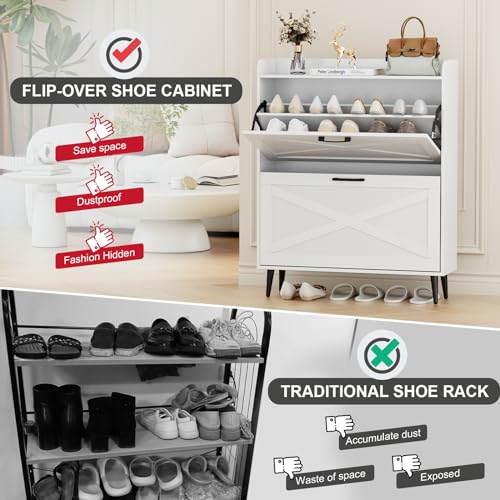 White Shoe Storage Cabinet with 2 Flip Doors and Metal Legs Z454