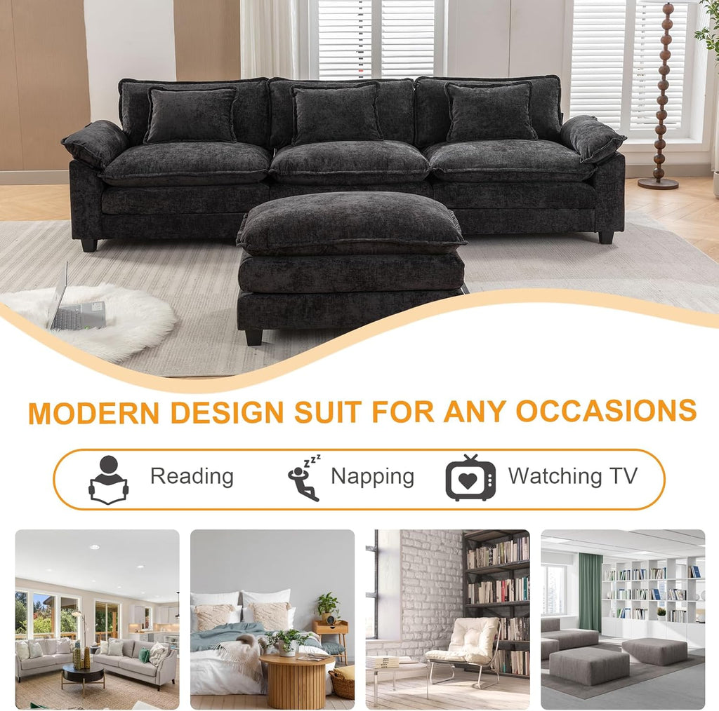 Black Chenille L-Shaped Sectional Sofa with Ottoman B505