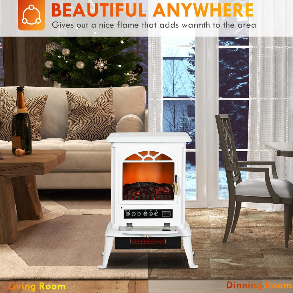 White Electric Infrared Fireplace Stove with Realistic Log Flame R9554