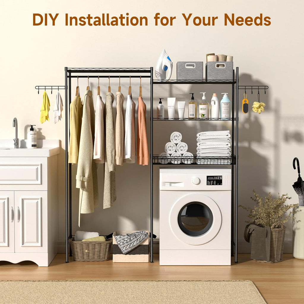 Over The Washer and Dryer Laundry Room Storage Shelf with Adjustable Shelves, Wire Basket, and Rotatable Hooks Z150991