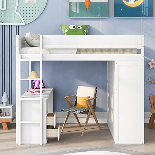 White Solid Wood Full Size Loft Bed with Wardrobes and 2-Drawer Desk and Storage Cabinet W990