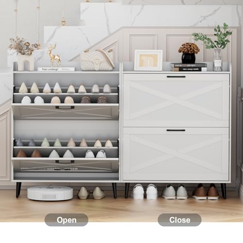 White Shoe Storage Cabinet with 2 Flip Doors and Metal Legs Z454