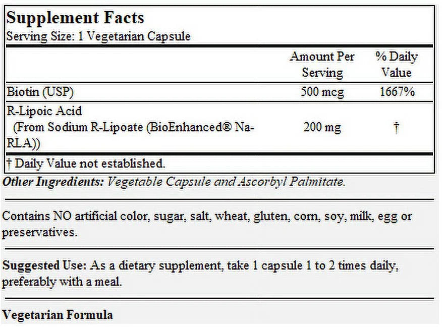 R-Lipoic Acid 200mg Stabilized with Na-RLA with Biotin 60 Vegetarian Capsules T7957