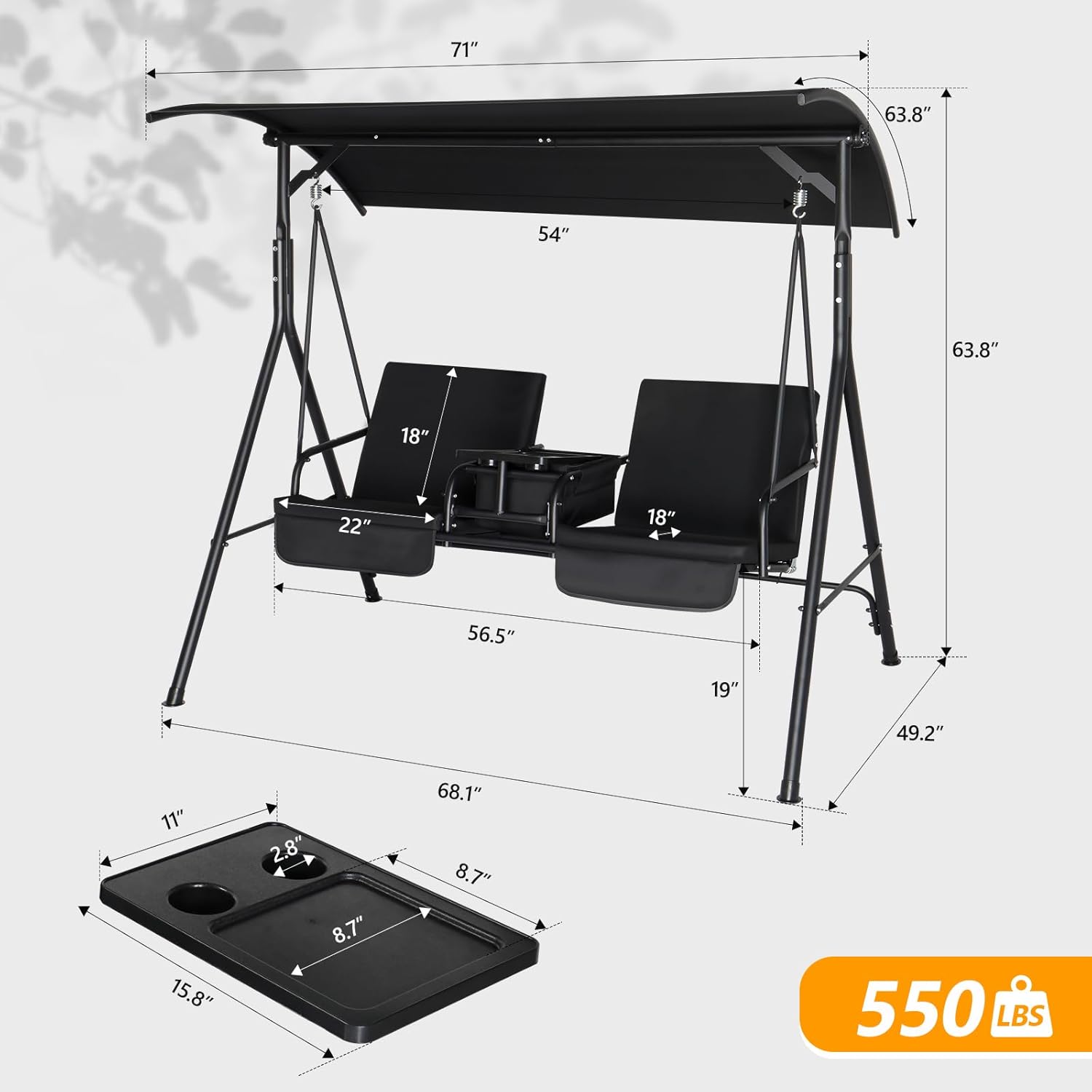 Black Heavy Duty Outdoor Porch Swing with Canopy and Cushions T70444